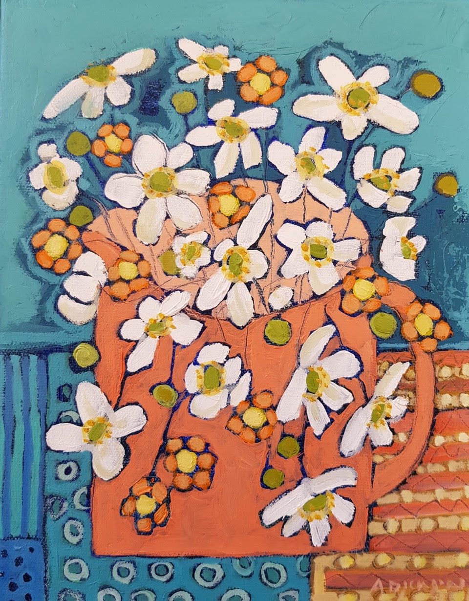 Alison  Dickson - Japanese anemones and orange flowers