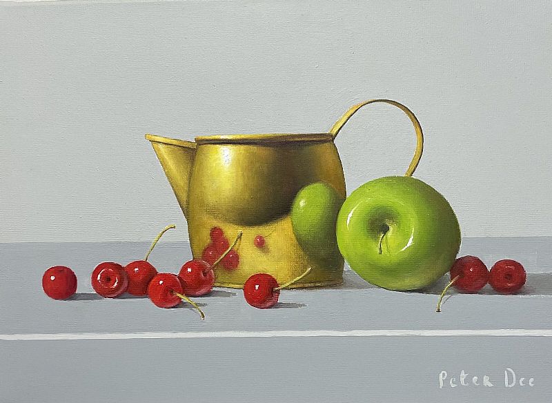 Peter Dee - Brass Jug with Green Apple and Cherries 