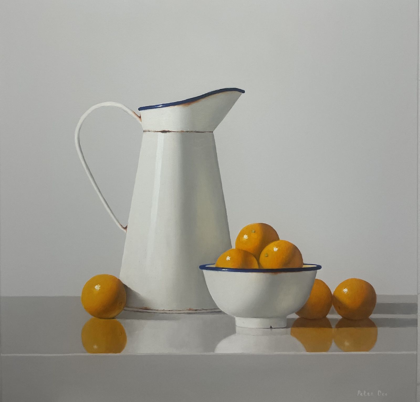Peter Dee - White Vintage Enamelware Pitcher and Bowl with Oranges