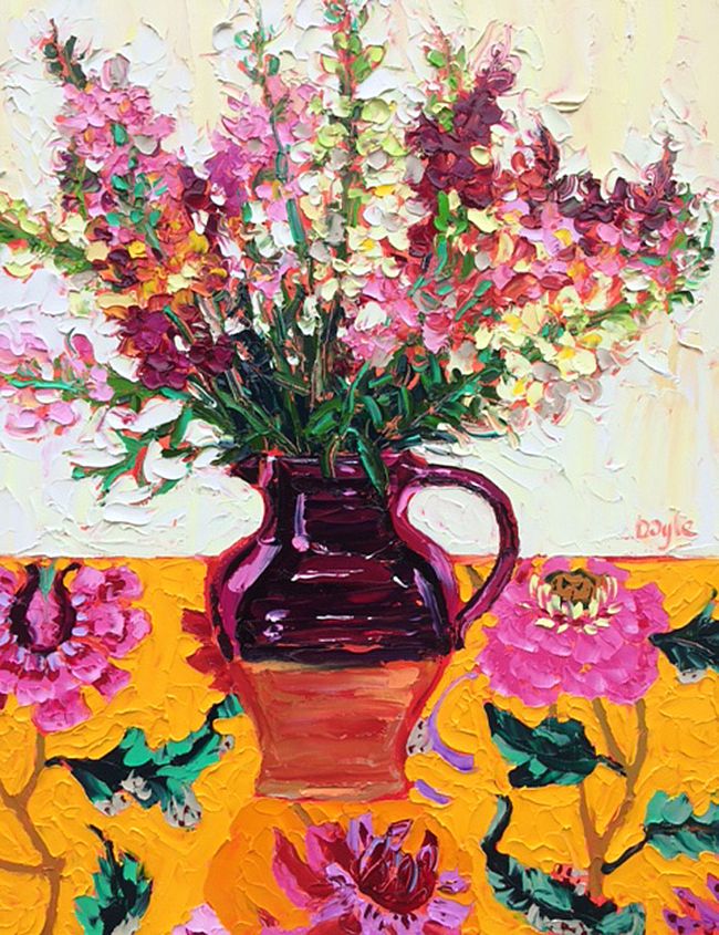 Flowers on yellow chintz  by Lucy Doyle