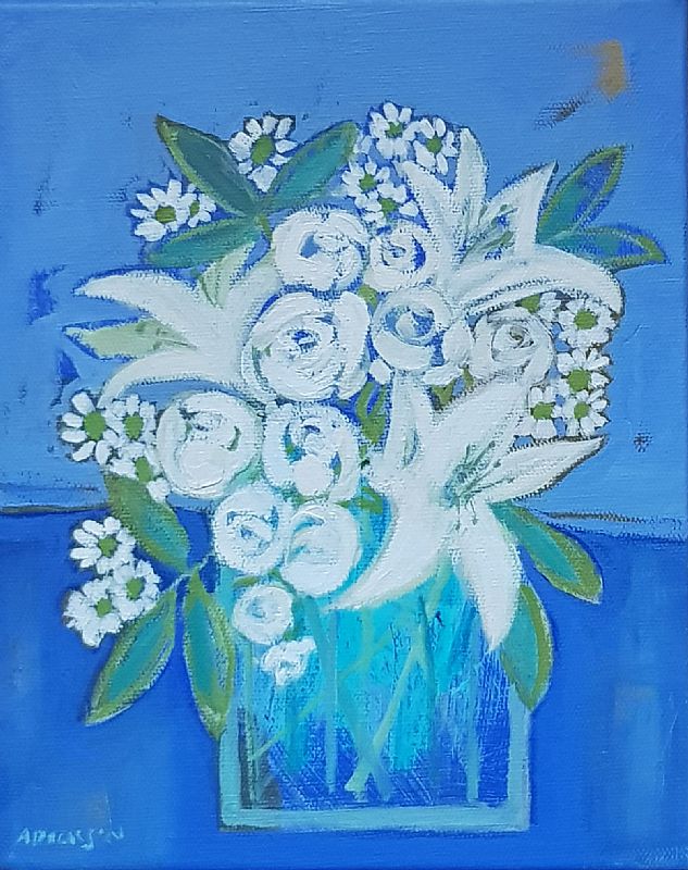 Alison  Dickson - Lillies and roses on blue 