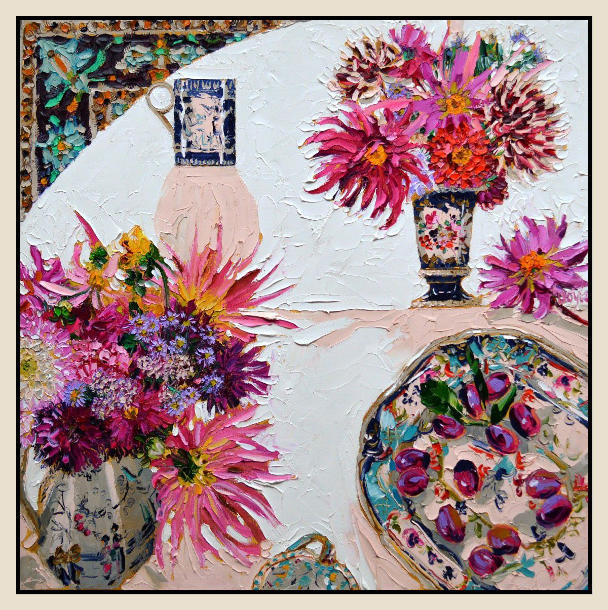 Still life with Dahlias and Plums by Lucy Doyle