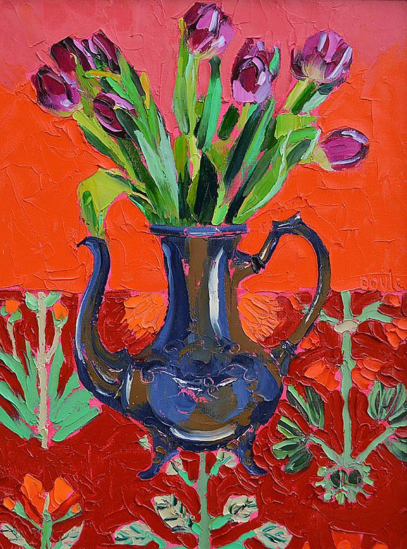 Tulips in Blue Coffee Jug by Lucy Doyle