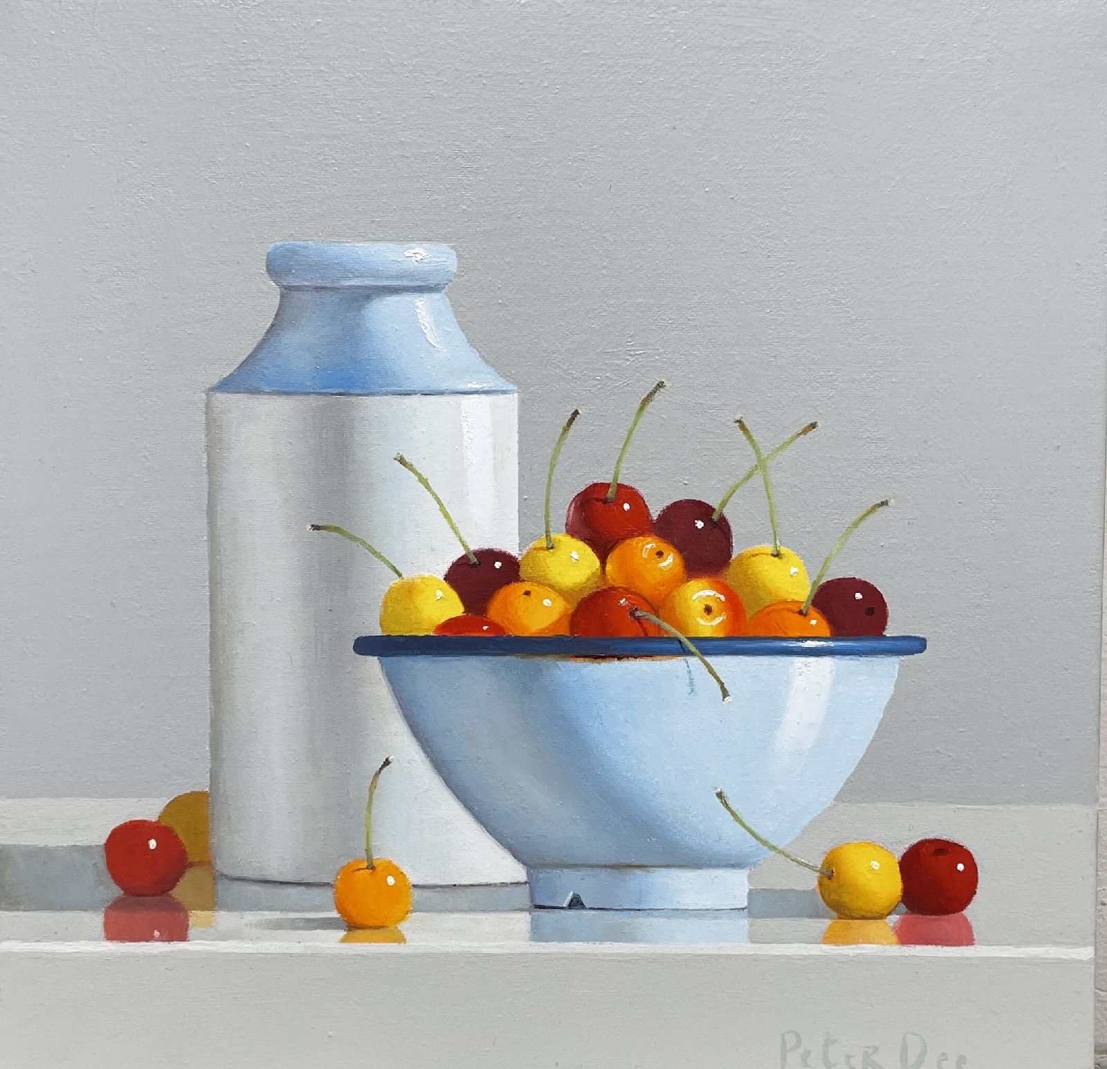 Peter Dee - Vintage Blue Enamel Bowl with Rainier Cherries and Stoneware Bottle
